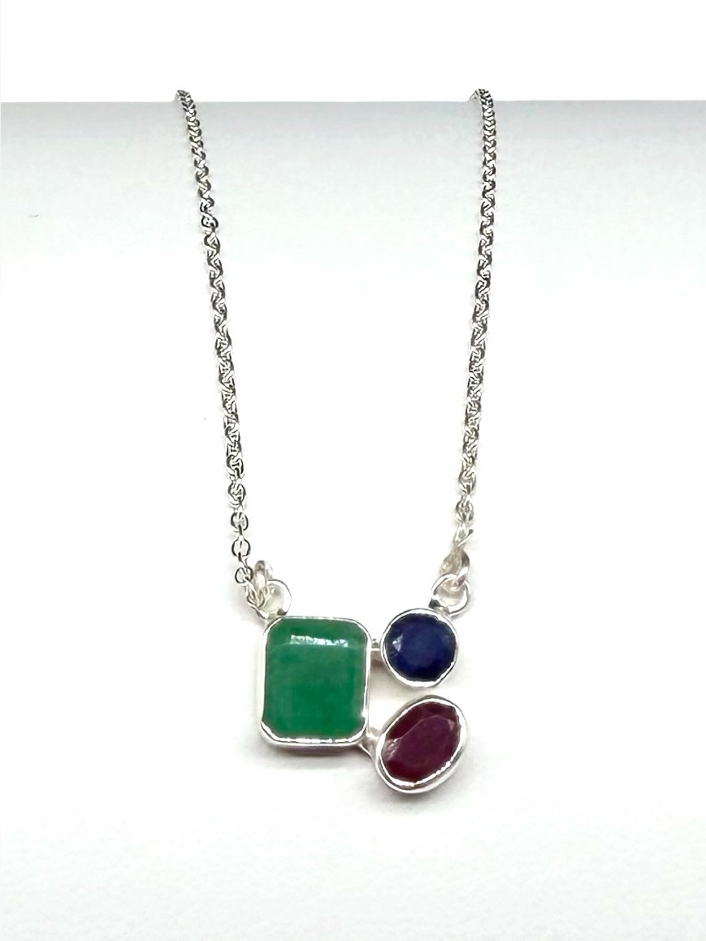 Emerald Ruby Sapphire Pendant Necklace Solid 925 Sterling Silver